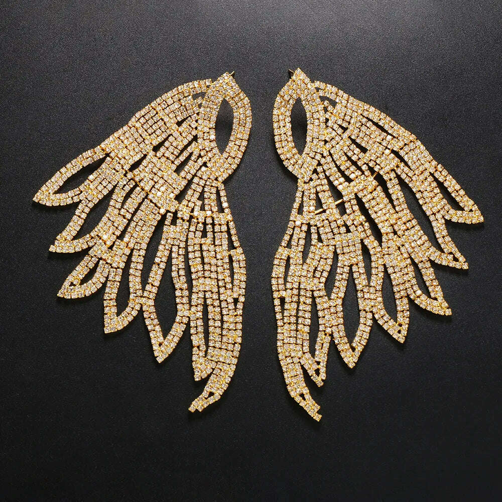 KIMLUD, Exaggerated Rhinestone Oversized Wing Drop Earrings Dinner Jewelry for Women Crystal Irregular Big Dangle Earrings Accessories, Gold-color, KIMLUD Women's Clothes