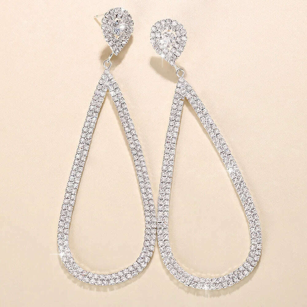 KIMLUD, Exaggerated Water Drop Big Hoop Earrings Rhinestone For Women Luxury Designer Crystal Pendant Dangle Earrings Wedding Jewelry, Silver Plated, KIMLUD Womens Clothes
