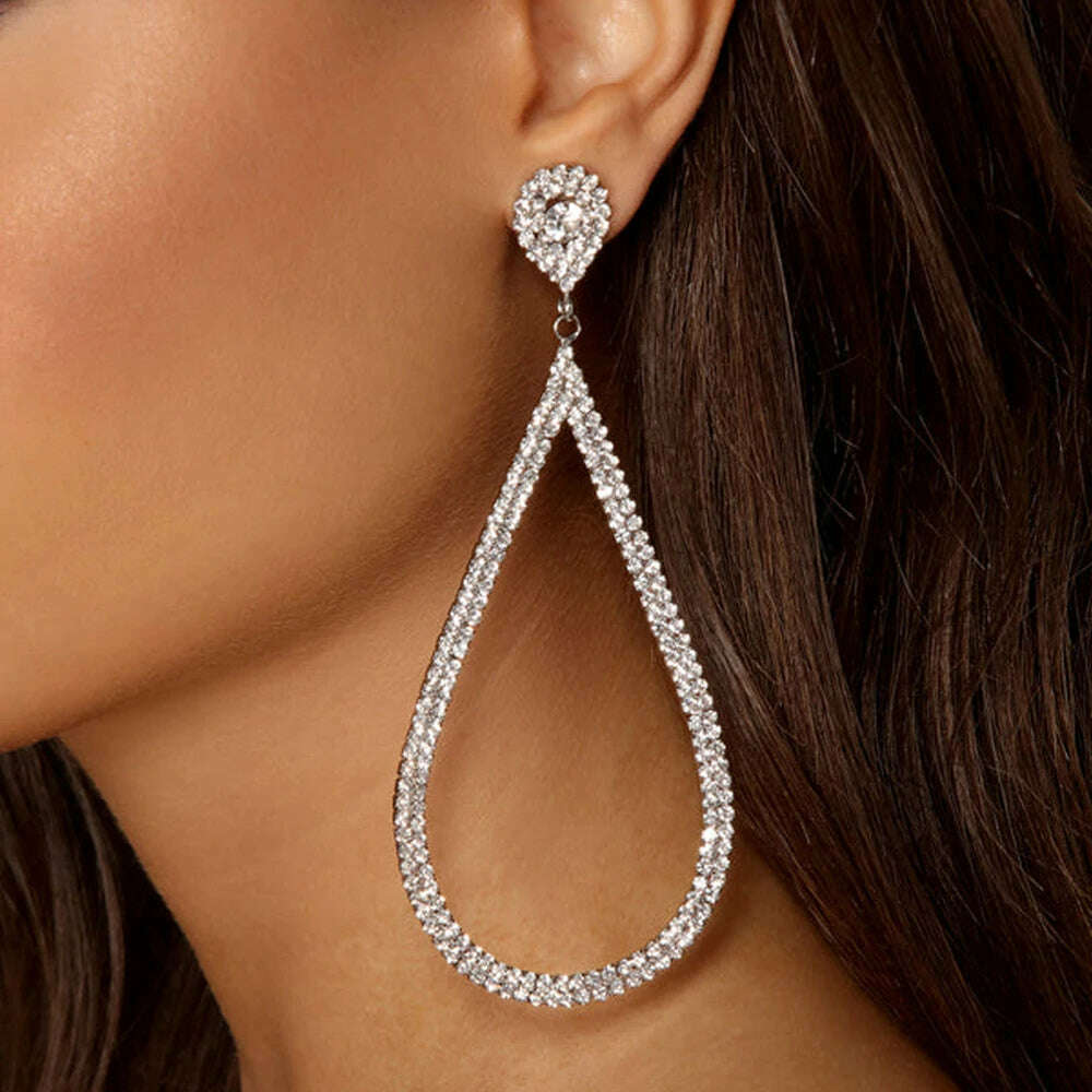 KIMLUD, Exaggerated Water Drop Big Hoop Earrings Rhinestone For Women Luxury Designer Crystal Pendant Dangle Earrings Wedding Jewelry, KIMLUD Womens Clothes