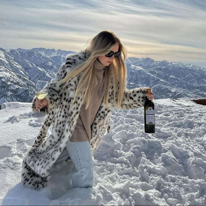 KIMLUD, Exclusive Winter 2023 Long Belted Leopard Faux Fox Fur Coat Women Overcoats Ladies Stylish Street Fashion Fluffy Fox Fur Jacket, KIMLUD Womens Clothes