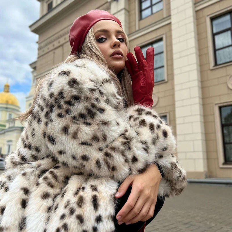 KIMLUD, Exclusive Winter 2023 Long Belted Leopard Faux Fox Fur Coat Women Overcoats Ladies Stylish Street Fashion Fluffy Fox Fur Jacket, KIMLUD Womens Clothes