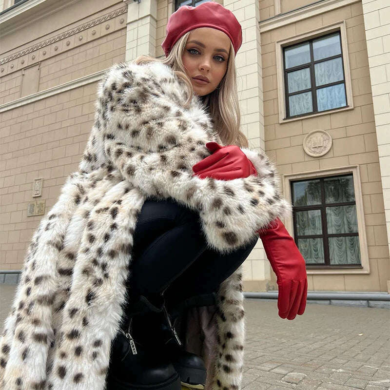 KIMLUD, Exclusive Winter 2023 Long Belted Leopard Faux Fox Fur Coat Women Overcoats Ladies Stylish Street Fashion Fluffy Fox Fur Jacket, KIMLUD Womens Clothes