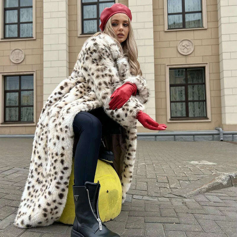 KIMLUD, Exclusive Winter 2023 Long Belted Leopard Faux Fox Fur Coat Women Overcoats Ladies Stylish Street Fashion Fluffy Fox Fur Jacket, KIMLUD Womens Clothes