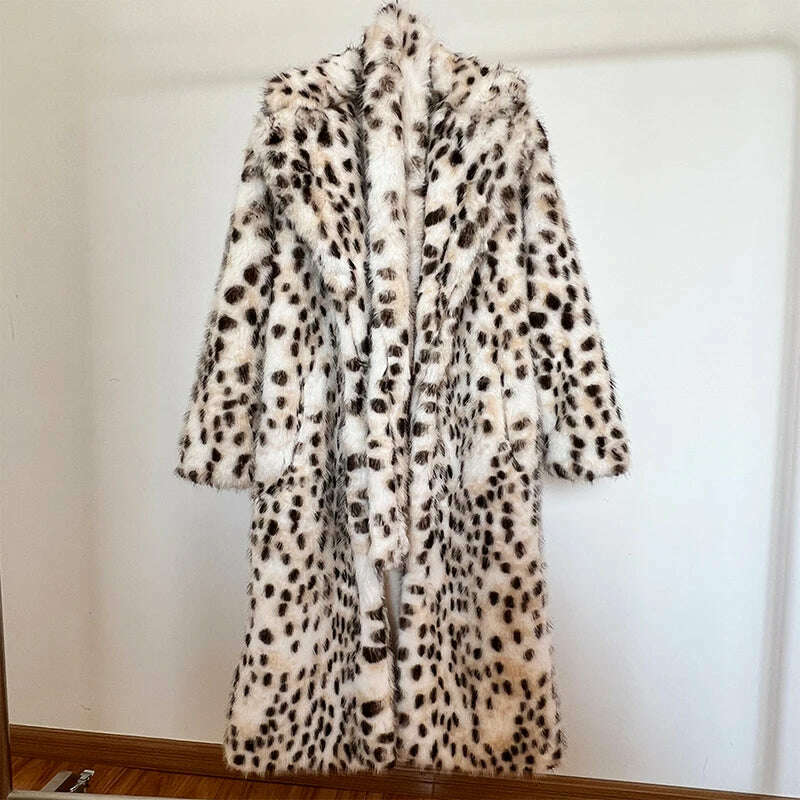 KIMLUD, Exclusive Winter 2023 Long Belted Leopard Faux Fox Fur Coat Women Overcoats Ladies Stylish Street Fashion Fluffy Fox Fur Jacket, KIMLUD Womens Clothes