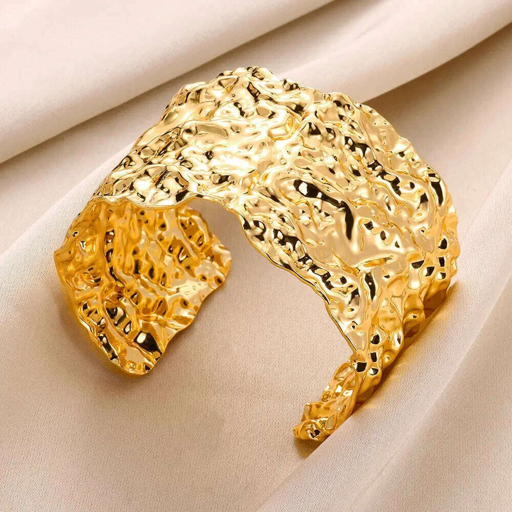 Exquisite Classic Bump Pattern Openning Bangles Bracelet For Women Cuff Bracelet Gold Color Stainless Steel Hand Ornament Gift - KIMLUD