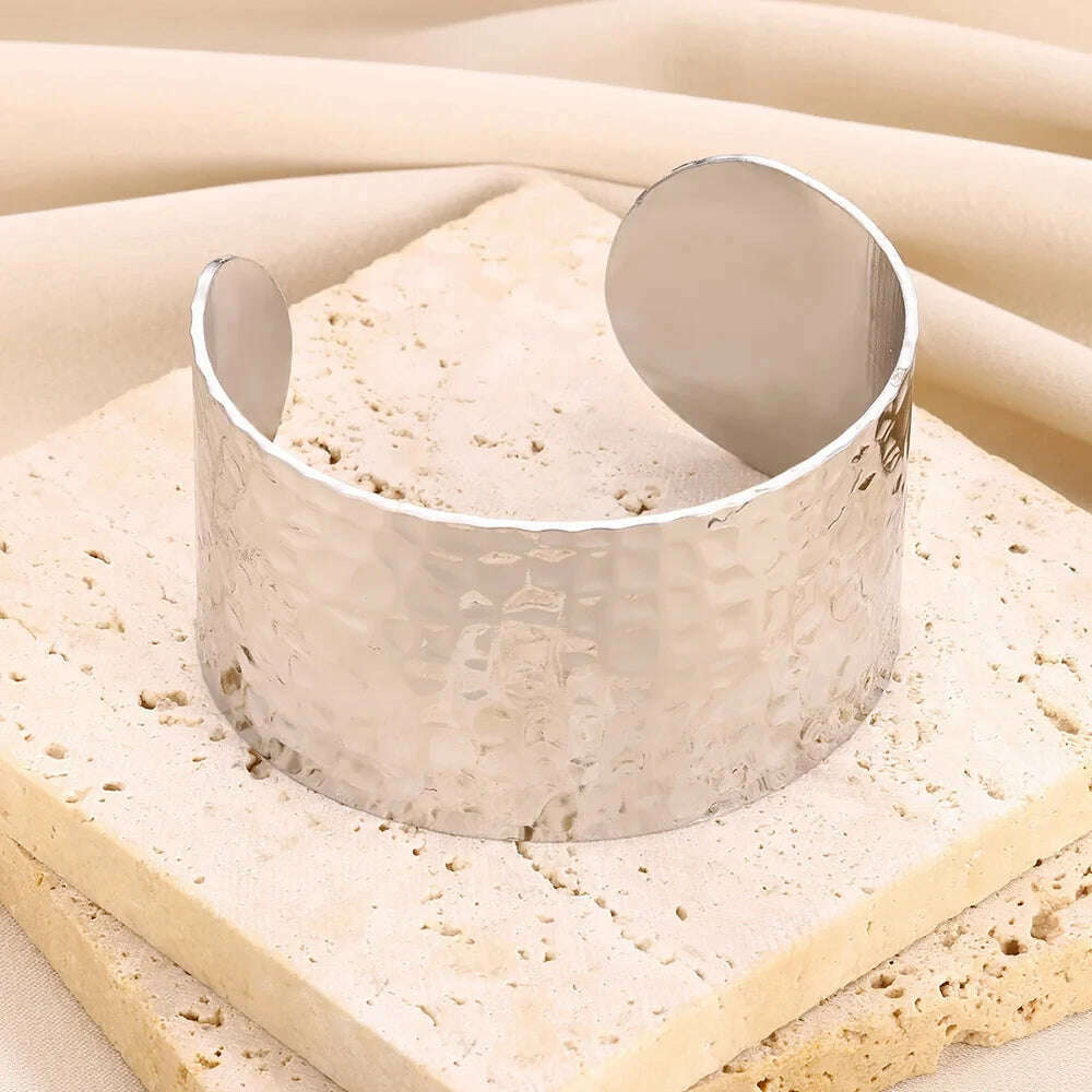 Exquisite Classic Bump Pattern Openning Bangles Bracelet For Women Cuff Bracelet Gold Color Stainless Steel Hand Ornament Gift - KIMLUD