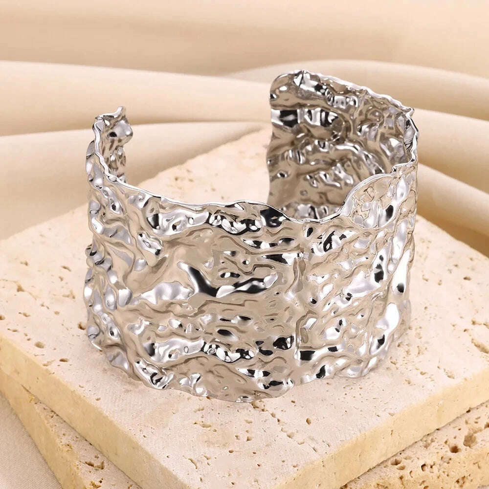 Exquisite Classic Bump Pattern Openning Bangles Bracelet For Women Cuff Bracelet Gold Color Stainless Steel Hand Ornament Gift - KIMLUD
