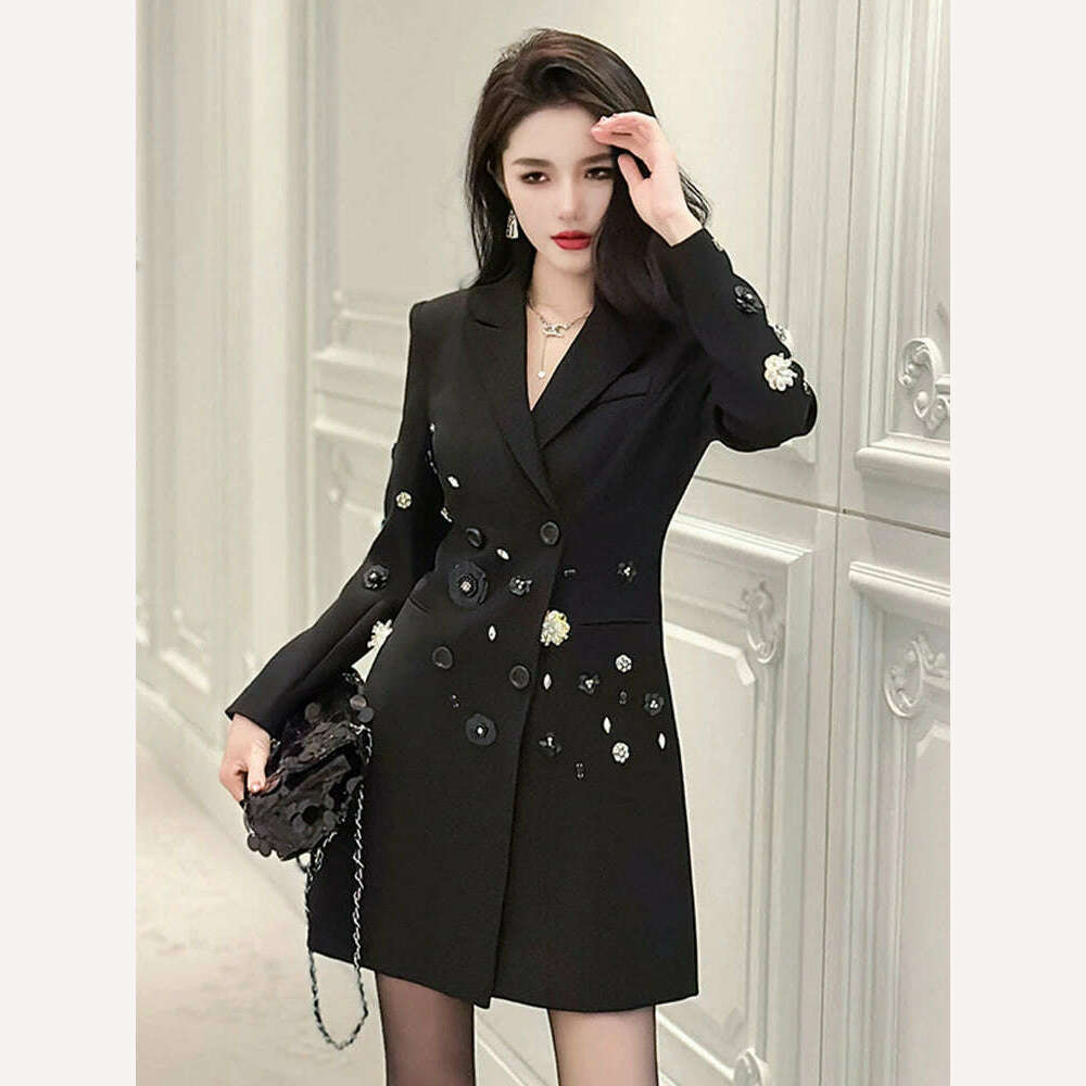 KIMLUD, Exquisite Luxury Black Suit Coat Women's French Diamond Sequin Flower OL Professional Business Jacket Femme Outerwear Party Tops, KIMLUD Womens Clothes