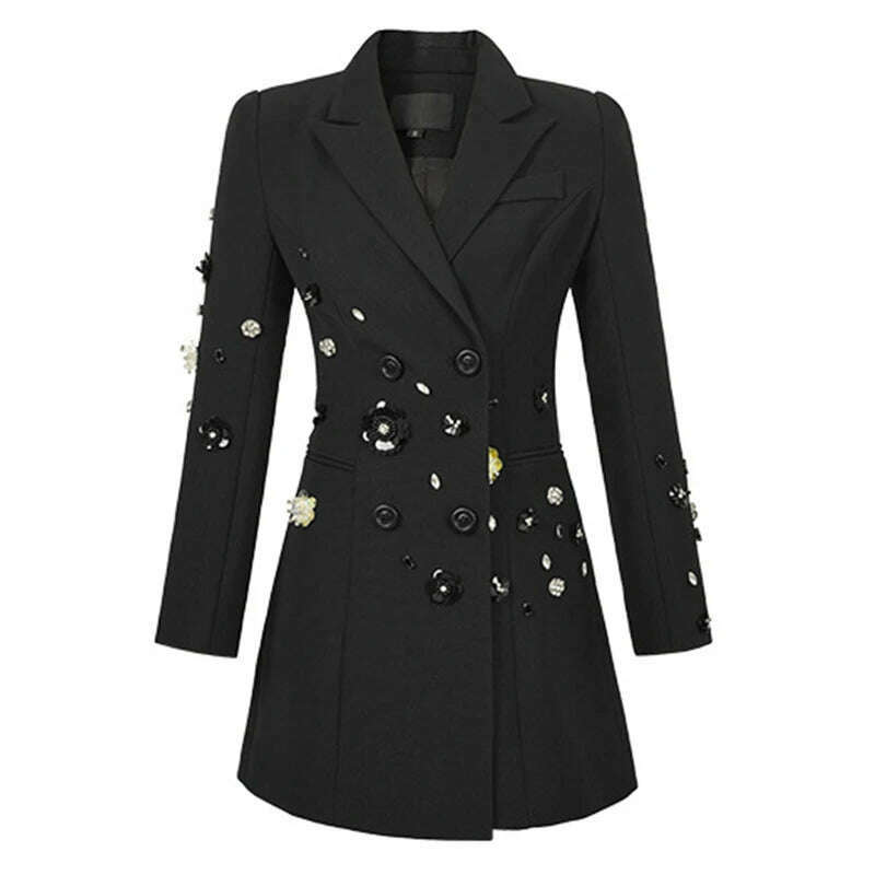 KIMLUD, Exquisite Luxury Black Suit Coat Women's French Diamond Sequin Flower OL Professional Business Jacket Femme Outerwear Party Tops, black / S / CN, KIMLUD Womens Clothes