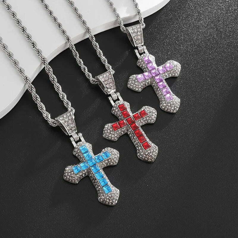 KIMLUD, Exquisite Shiny Cross Square Crystal Zirconia Pendant Necklace for Women Men Fashion Hip Hop Party Luxury Jewelry Christmas Gift, KIMLUD Womens Clothes