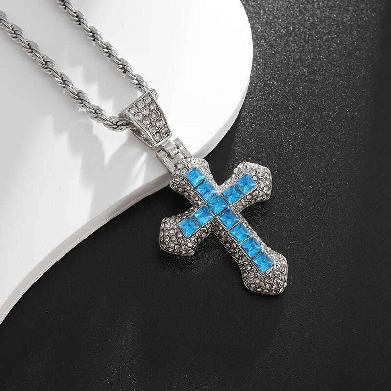 KIMLUD, Exquisite Shiny Cross Square Crystal Zirconia Pendant Necklace for Women Men Fashion Hip Hop Party Luxury Jewelry Christmas Gift, KIMLUD Womens Clothes