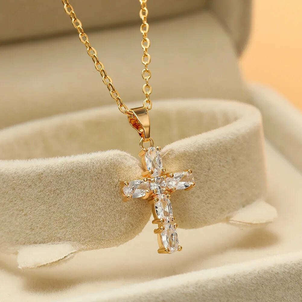 KIMLUD, Exquisite Shiny Cross Square Crystal Zirconia Pendant Necklace for Women Men Fashion Hip Hop Party Luxury Jewelry Christmas Gift, AL6887-Gold, KIMLUD APPAREL - Womens Clothes