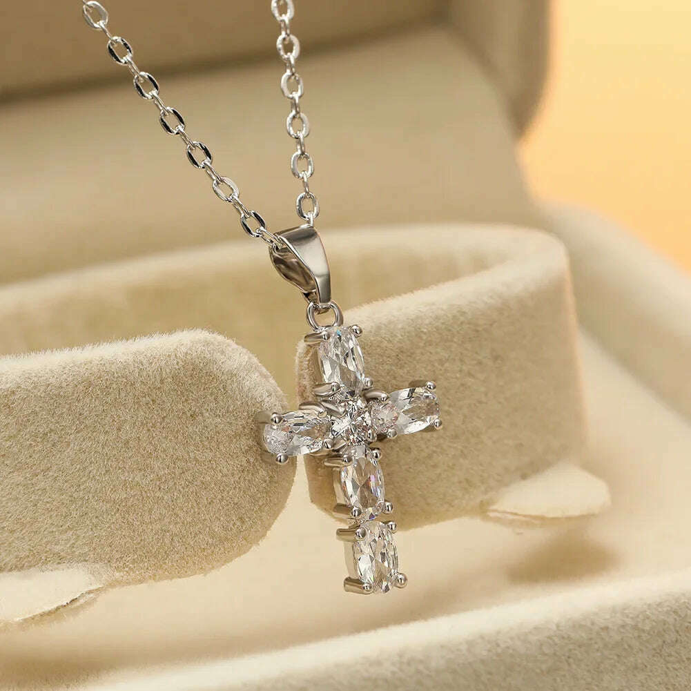 KIMLUD, Exquisite Shiny Cross Square Crystal Zirconia Pendant Necklace for Women Men Fashion Hip Hop Party Luxury Jewelry Christmas Gift, AL6887-Silver, KIMLUD APPAREL - Womens Clothes