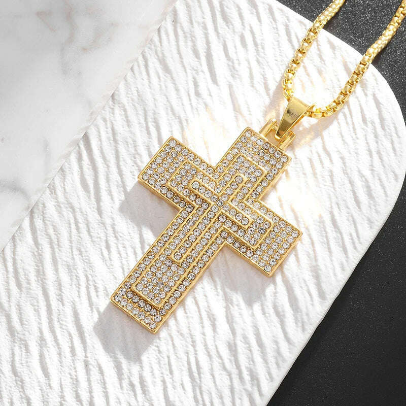 KIMLUD, Exquisite Shiny Cross Square Crystal Zirconia Pendant Necklace for Women Men Fashion Hip Hop Party Luxury Jewelry Christmas Gift, AL20352-Gold, KIMLUD APPAREL - Womens Clothes