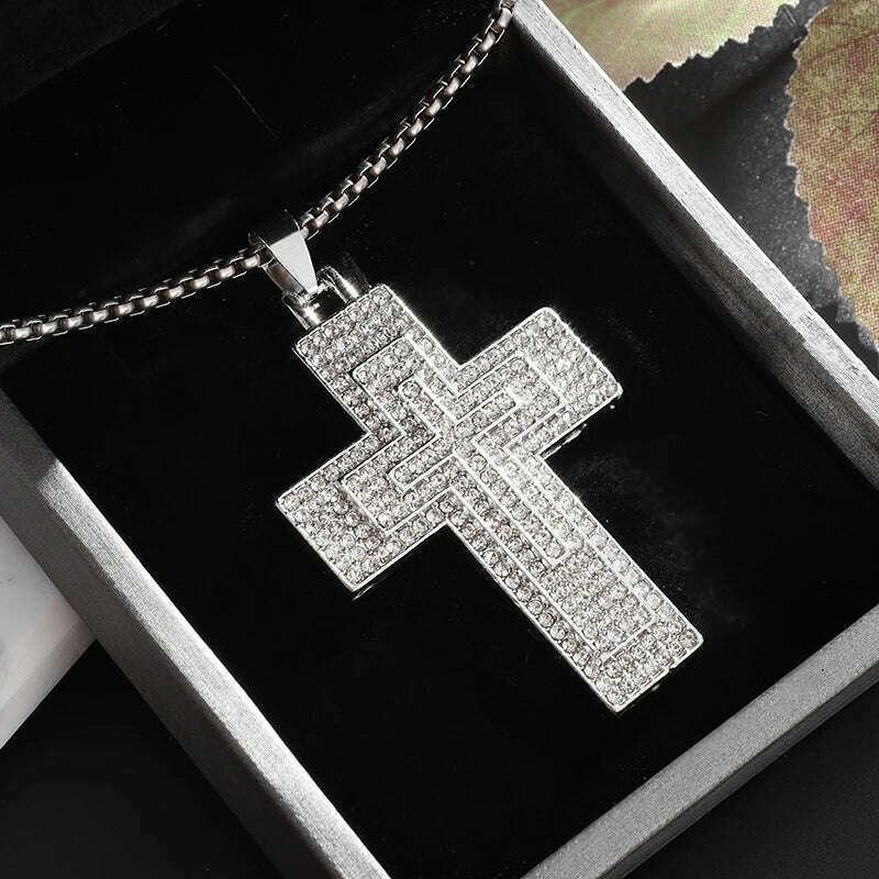 KIMLUD, Exquisite Shiny Cross Square Crystal Zirconia Pendant Necklace for Women Men Fashion Hip Hop Party Luxury Jewelry Christmas Gift, AL20352-Silver, KIMLUD APPAREL - Womens Clothes