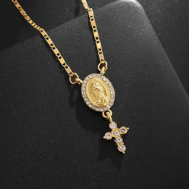 KIMLUD, Exquisite Shiny Cross Square Crystal Zirconia Pendant Necklace for Women Men Fashion Hip Hop Party Luxury Jewelry Christmas Gift, AL20817-Gold, KIMLUD APPAREL - Womens Clothes