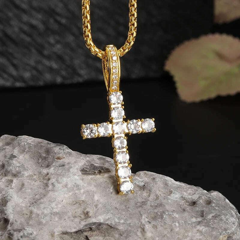 KIMLUD, Exquisite Shiny Cross Square Crystal Zirconia Pendant Necklace for Women Men Fashion Hip Hop Party Luxury Jewelry Christmas Gift, AL20438-Gold, KIMLUD APPAREL - Womens Clothes
