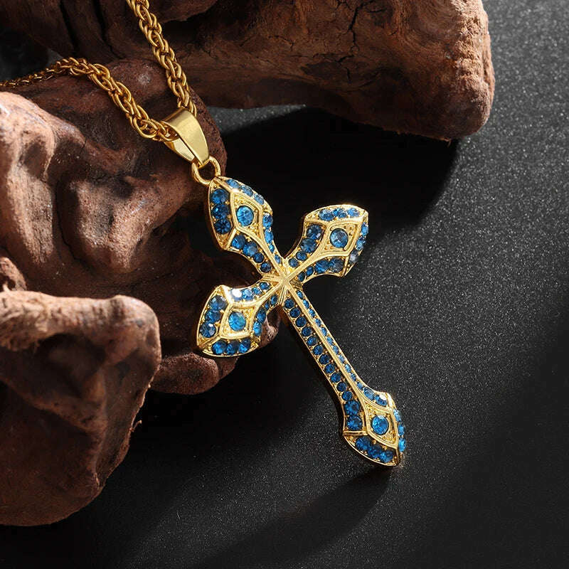 KIMLUD, Exquisite Shiny Cross Square Crystal Zirconia Pendant Necklace for Women Men Fashion Hip Hop Party Luxury Jewelry Christmas Gift, AL20290-Blue, KIMLUD Womens Clothes