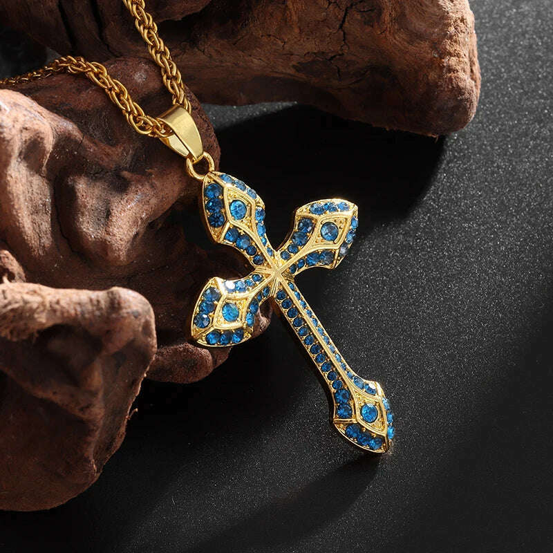 KIMLUD, Exquisite Shiny Cross Square Crystal Zirconia Pendant Necklace for Women Men Fashion Hip Hop Party Luxury Jewelry Christmas Gift, AL20290-Blue, KIMLUD APPAREL - Womens Clothes