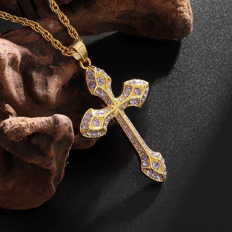 KIMLUD, Exquisite Shiny Cross Square Crystal Zirconia Pendant Necklace for Women Men Fashion Hip Hop Party Luxury Jewelry Christmas Gift, AL20290-Purple, KIMLUD APPAREL - Womens Clothes