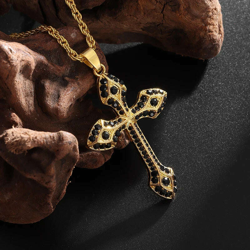 KIMLUD, Exquisite Shiny Cross Square Crystal Zirconia Pendant Necklace for Women Men Fashion Hip Hop Party Luxury Jewelry Christmas Gift, AL20290-Black, KIMLUD APPAREL - Womens Clothes