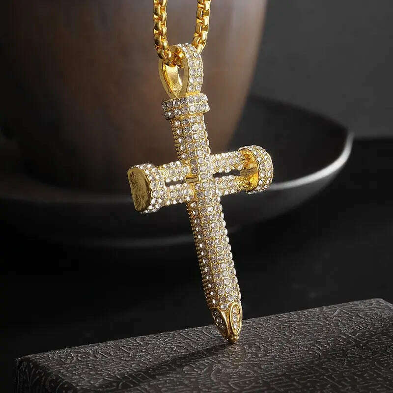 KIMLUD, Exquisite Shiny Cross Square Crystal Zirconia Pendant Necklace for Women Men Fashion Hip Hop Party Luxury Jewelry Christmas Gift, AL20323-Gold, KIMLUD APPAREL - Womens Clothes