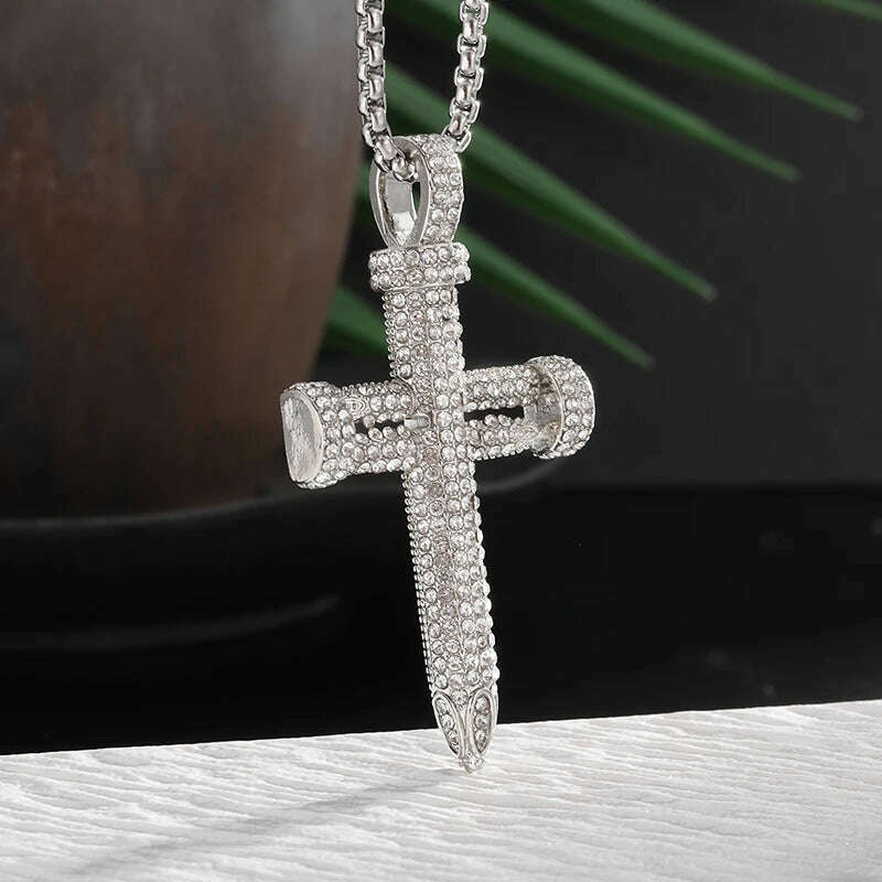 KIMLUD, Exquisite Shiny Cross Square Crystal Zirconia Pendant Necklace for Women Men Fashion Hip Hop Party Luxury Jewelry Christmas Gift, AL20323-Silver, KIMLUD APPAREL - Womens Clothes