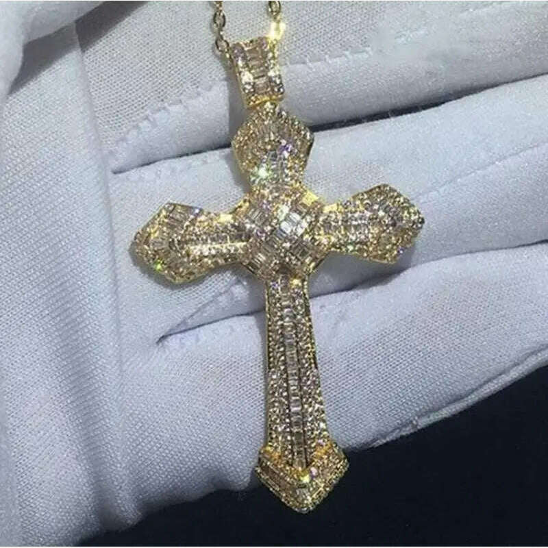 KIMLUD, Exquisite Shiny Cross Square Crystal Zirconia Pendant Necklace for Women Men Fashion Hip Hop Party Luxury Jewelry Christmas Gift, A6891-Gold, KIMLUD APPAREL - Womens Clothes