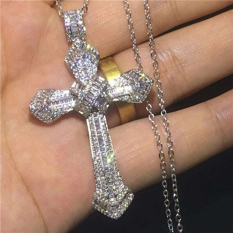 KIMLUD, Exquisite Shiny Cross Square Crystal Zirconia Pendant Necklace for Women Men Fashion Hip Hop Party Luxury Jewelry Christmas Gift, A6891-Silver, KIMLUD APPAREL - Womens Clothes