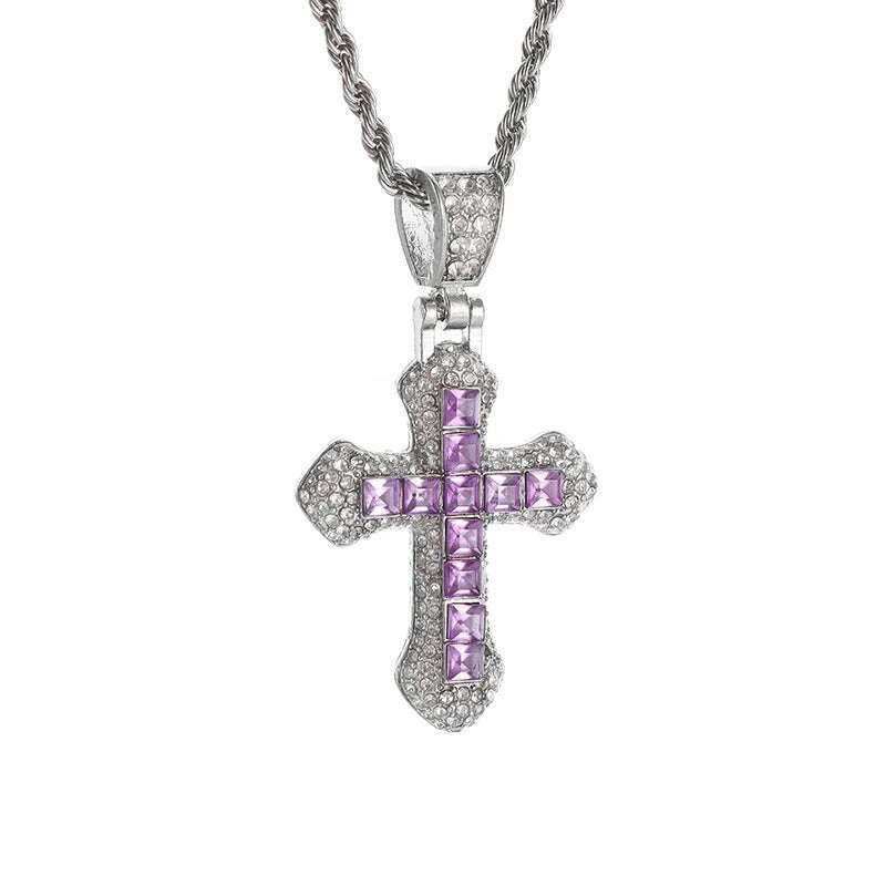 KIMLUD, Exquisite Shiny Cross Square Crystal Zirconia Pendant Necklace for Women Men Fashion Hip Hop Party Luxury Jewelry Christmas Gift, AL20525-Purple, KIMLUD APPAREL - Womens Clothes