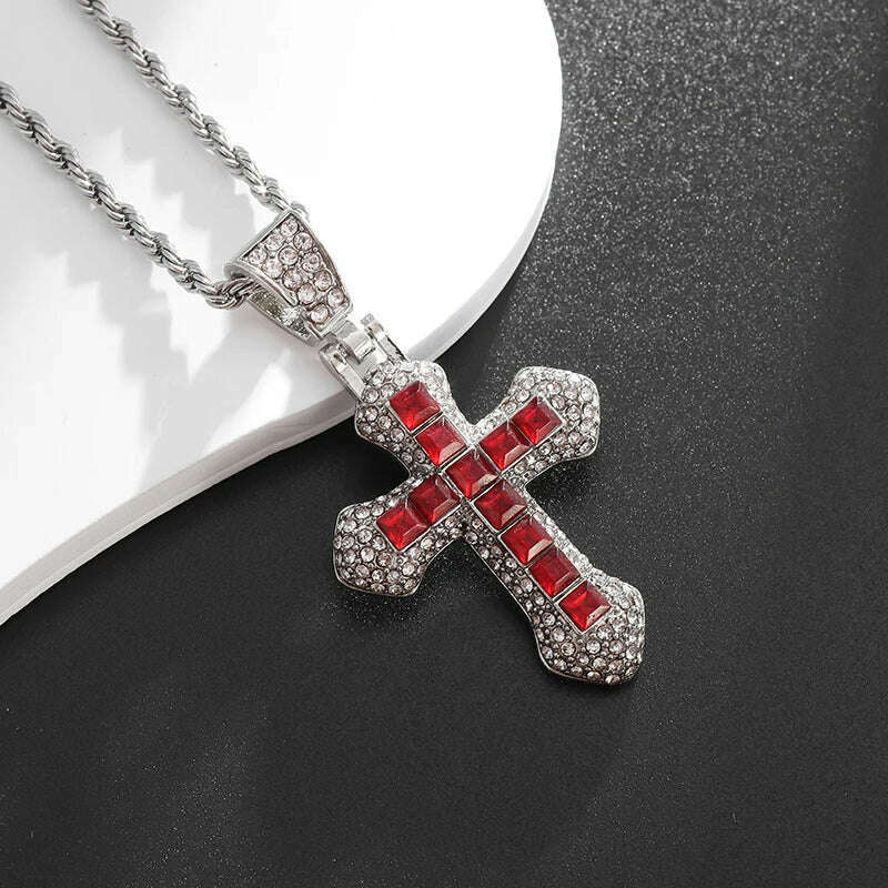 KIMLUD, Exquisite Shiny Cross Square Crystal Zirconia Pendant Necklace for Women Men Fashion Hip Hop Party Luxury Jewelry Christmas Gift, AL20525-Red, KIMLUD Womens Clothes