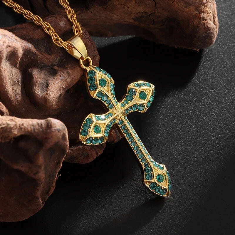 KIMLUD, Exquisite Shiny Cross Square Crystal Zirconia Pendant Necklace for Women Men Fashion Hip Hop Party Luxury Jewelry Christmas Gift, AL20290-Green, KIMLUD APPAREL - Womens Clothes