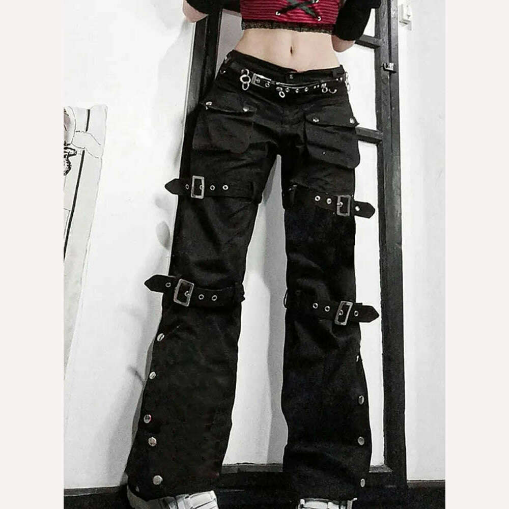 Eyelet Buckle Cyber Punk Goth Baggy Jeans Y2K Woman Techwear Dark Academic Solid E Girl Cargo Pants Denim Gothic Hippie Trousers - KIMLUD