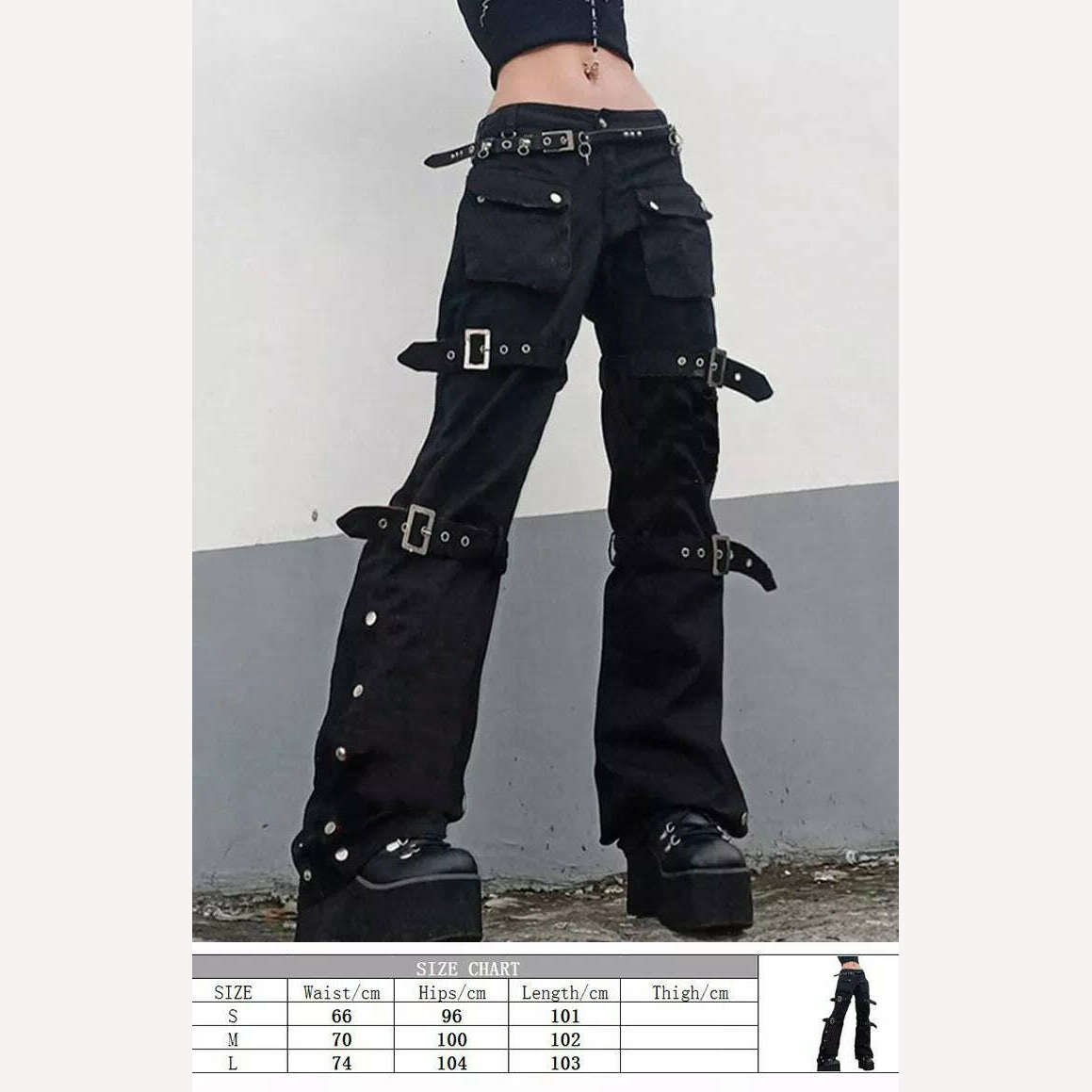 KIMLUD, Eyelet Buckle Cyber Punk Goth Baggy Jeans Y2K Woman Techwear Dark Academic Solid E Girl Cargo Pants Denim Gothic Hippie Trousers, 1 no belt / S, KIMLUD Women's Clothes