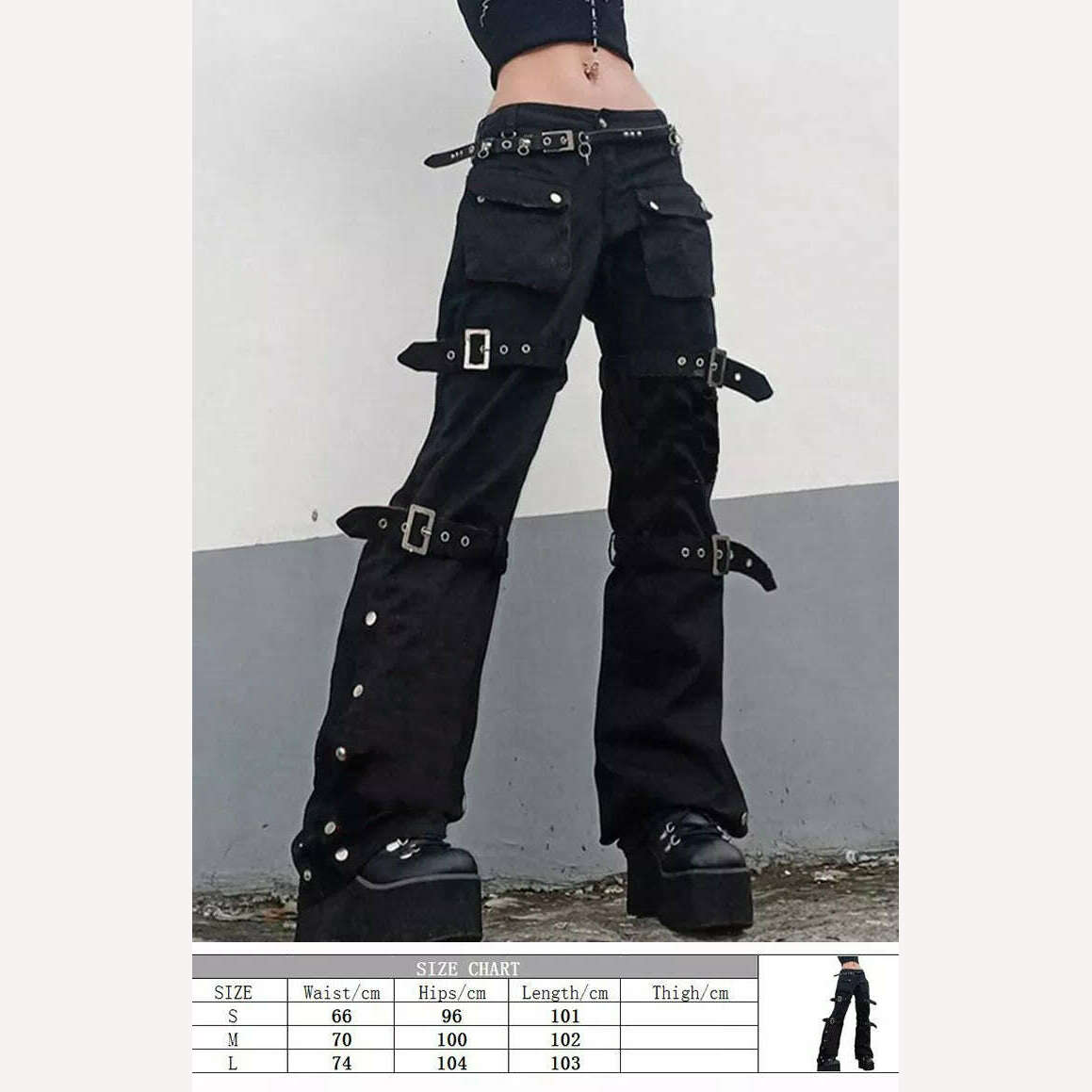 Eyelet Buckle Cyber Punk Goth Baggy Jeans Y2K Woman Techwear Dark Academic Solid E Girl Cargo Pants Denim Gothic Hippie Trousers - KIMLUD
