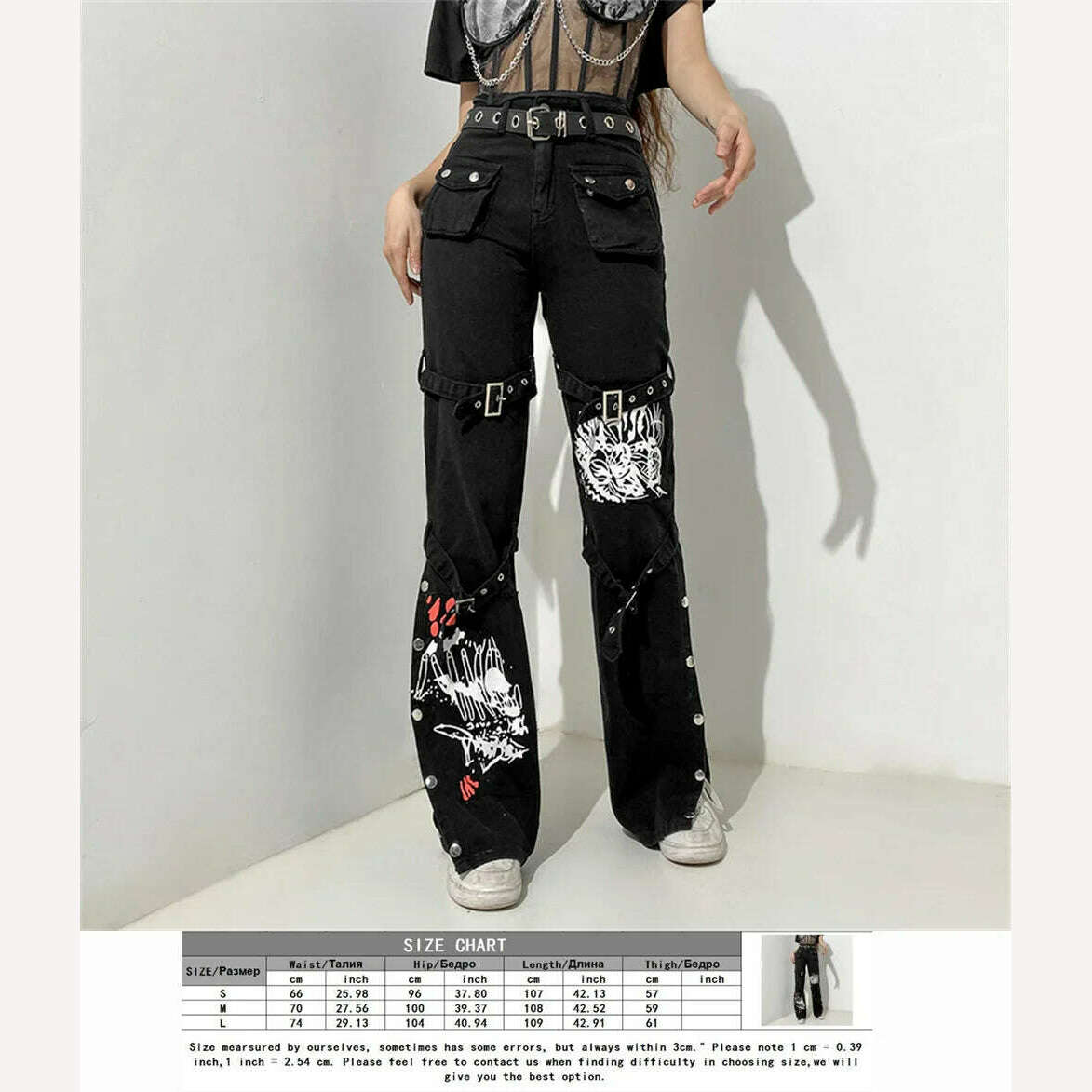 Eyelet Buckle Cyber Punk Goth Baggy Jeans Y2K Woman Techwear Dark Academic Solid E Girl Cargo Pants Denim Gothic Hippie Trousers - KIMLUD