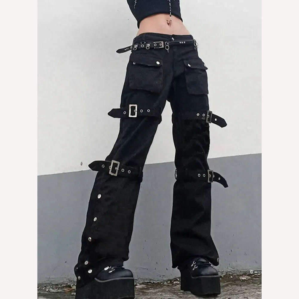 KIMLUD, Eyelet Buckle Cyber Punk Goth Baggy Jeans Y2K Woman Techwear Dark Academic Solid E Girl Cargo Pants Denim Gothic Hippie Trousers, KIMLUD Women's Clothes