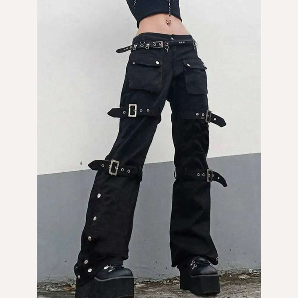 KIMLUD, Eyelet Buckle Cyber Punk Goth Baggy Jeans Y2K Woman Techwear Dark Academic Solid E Girl Cargo Pants Denim Gothic Hippie Trousers, KIMLUD Womens Clothes