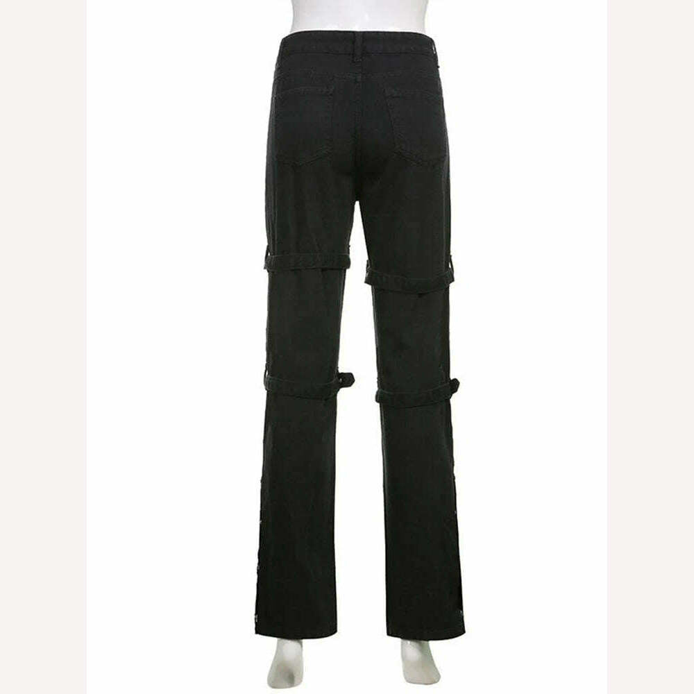 Eyelet Buckle Cyber Punk Goth Baggy Jeans Y2K Woman Techwear Dark Academic Solid E Girl Cargo Pants Denim Gothic Hippie Trousers - KIMLUD