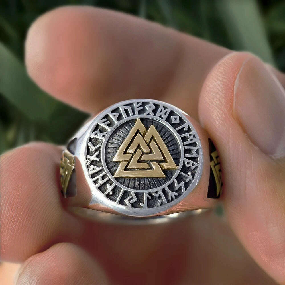 EYHIMD Viking Mens 316L Stainless Steel Amulet Ring Triangle Odin Vegvisir Rings Nordic Talisman Biker Jewelry Gift for Men - KIMLUD