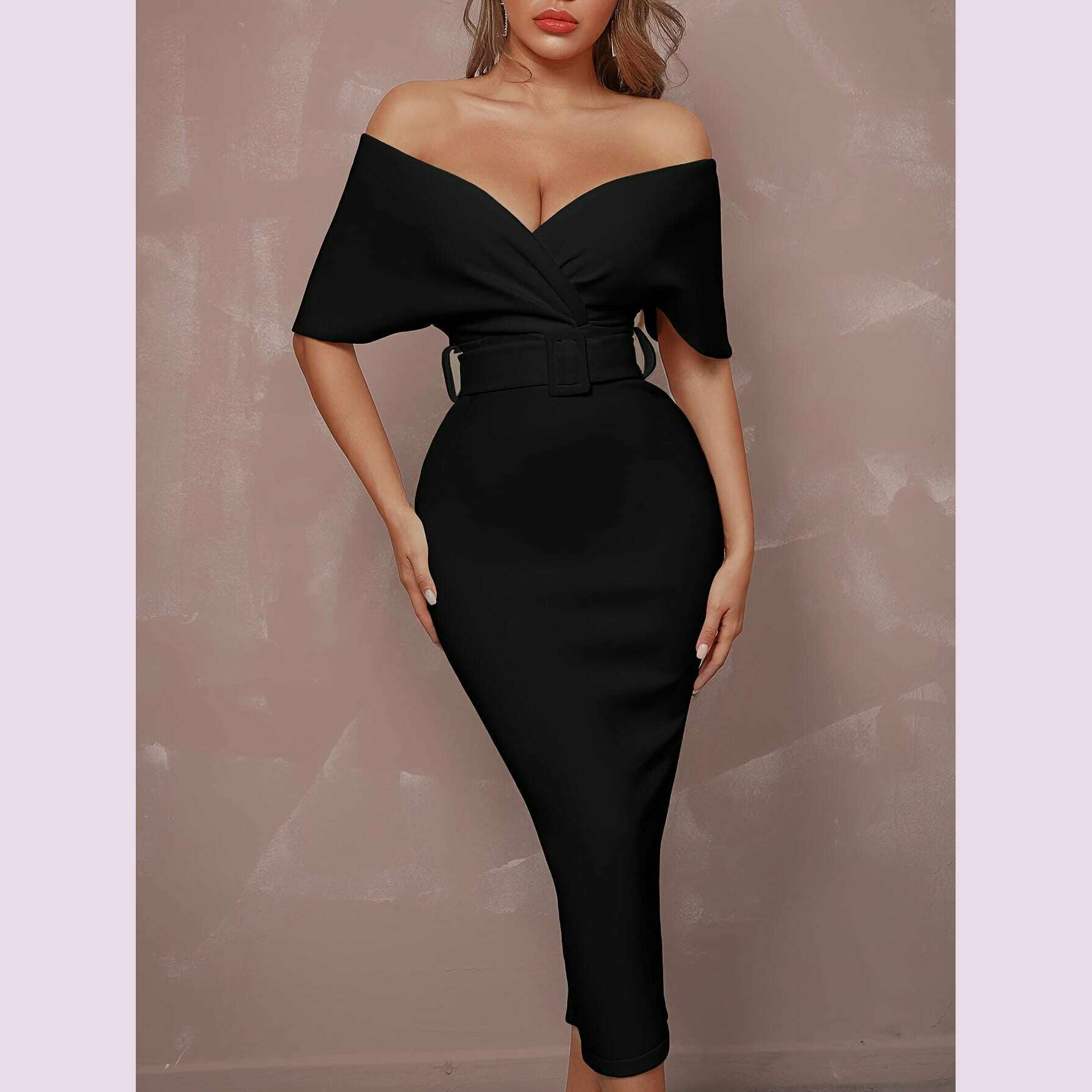 stunning-off-the-shoulder-bodycon-dress---v-neck-split-hem-belted-waist-elegant-design-for-wedding-party-formal-occasions---womens-clothing-body-hugging-silhouettekimlud-womens-fashion-34625786