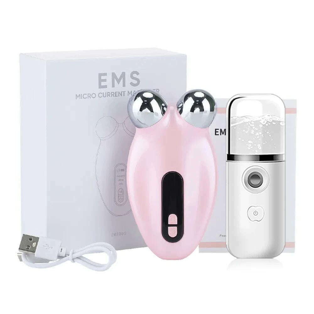 KIMLUD, Facial Massager EMS Microcurrent Massager for Face Vibrator Anti-cellulite Lift Rejuvenating Electric Double Chin Reducer Remove, Pink Set, KIMLUD Women's Clothes