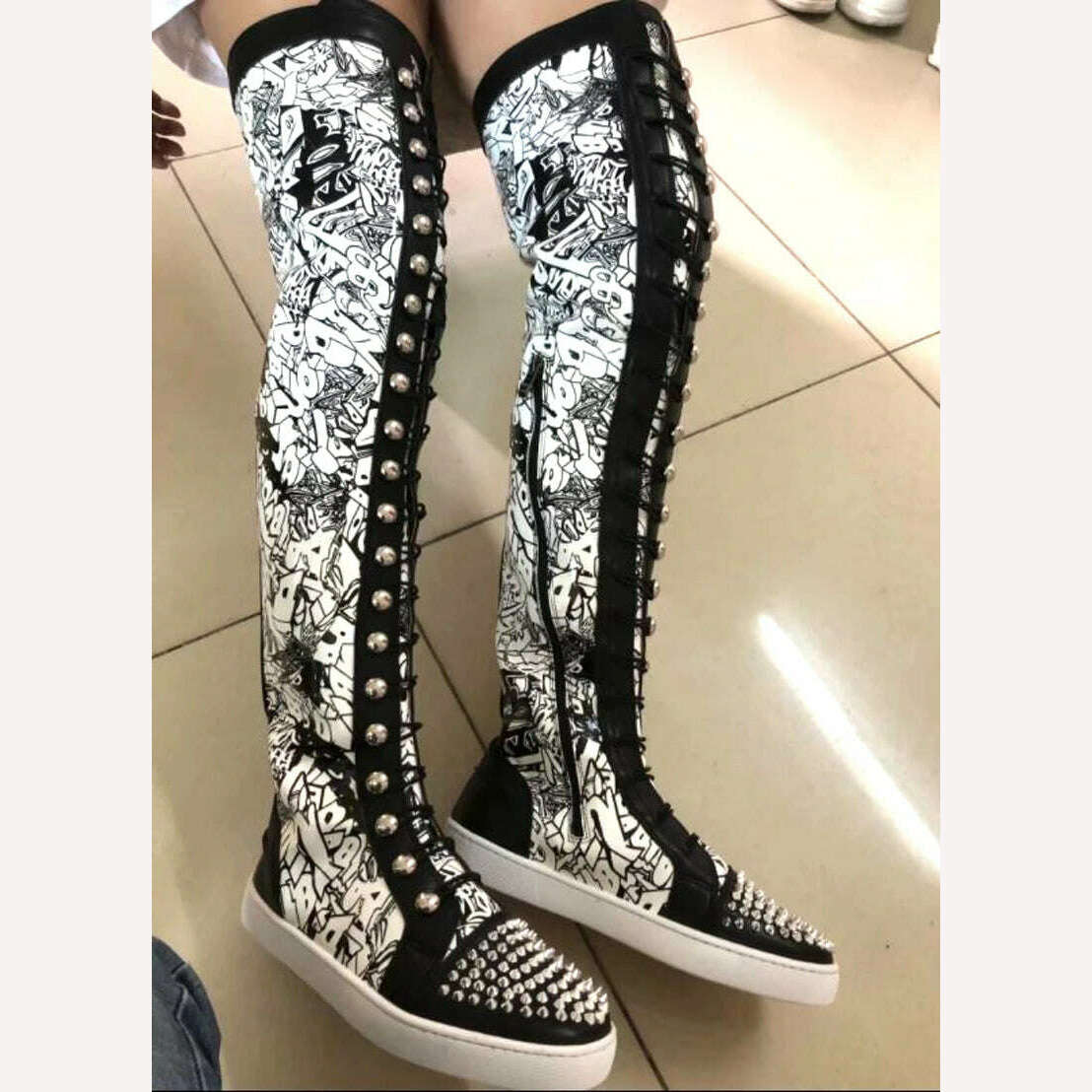 KIMLUD, Factory Metal Rivets Toe Scrawl Printing Thigh Boots Woman Cross Tie knight Boots Men Over The Knee Boots Unnisex Botas, as pic / 33, KIMLUD APPAREL - Womens Clothes