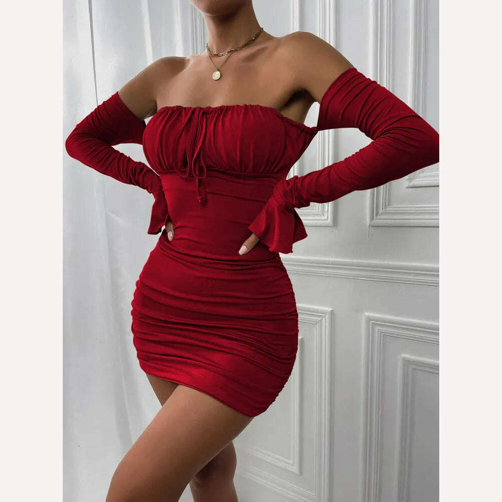 KIMLUD, Fairyshely Sexy Ruffle Short Club Dress Ladies 2022 Autumn Green Bodycon Dresses For Women Party Tight Mini Dress Clubwear, Wine Red Dress / XS / China, KIMLUD Womens Clothes