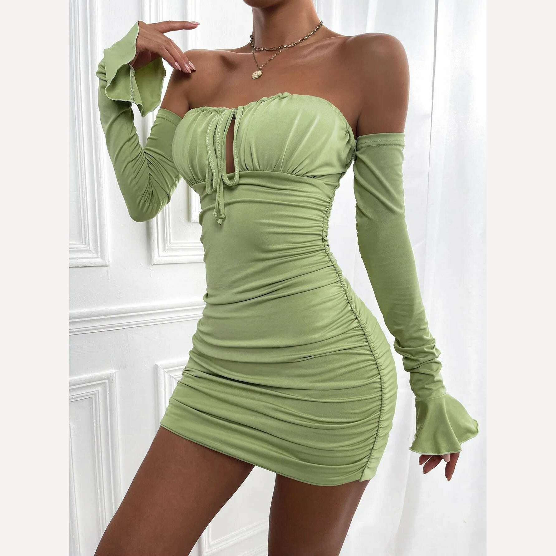 KIMLUD, Fairyshely Sexy Ruffle Short Club Dress Ladies 2022 Autumn Green Bodycon Dresses For Women Party Tight Mini Dress Clubwear, KIMLUD Womens Clothes