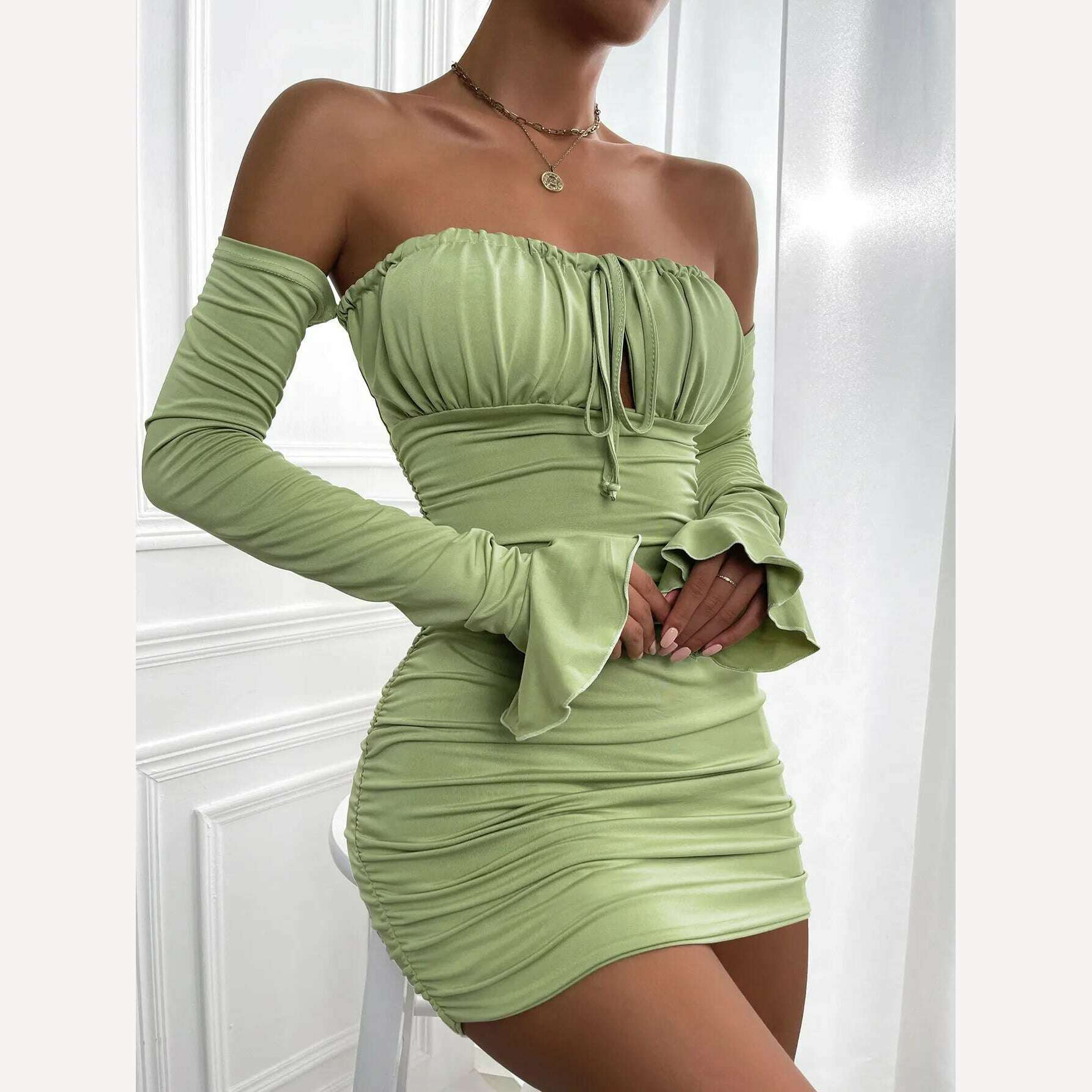 KIMLUD, Fairyshely Sexy Ruffle Short Club Dress Ladies 2022 Autumn Green Bodycon Dresses For Women Party Tight Mini Dress Clubwear, KIMLUD Womens Clothes