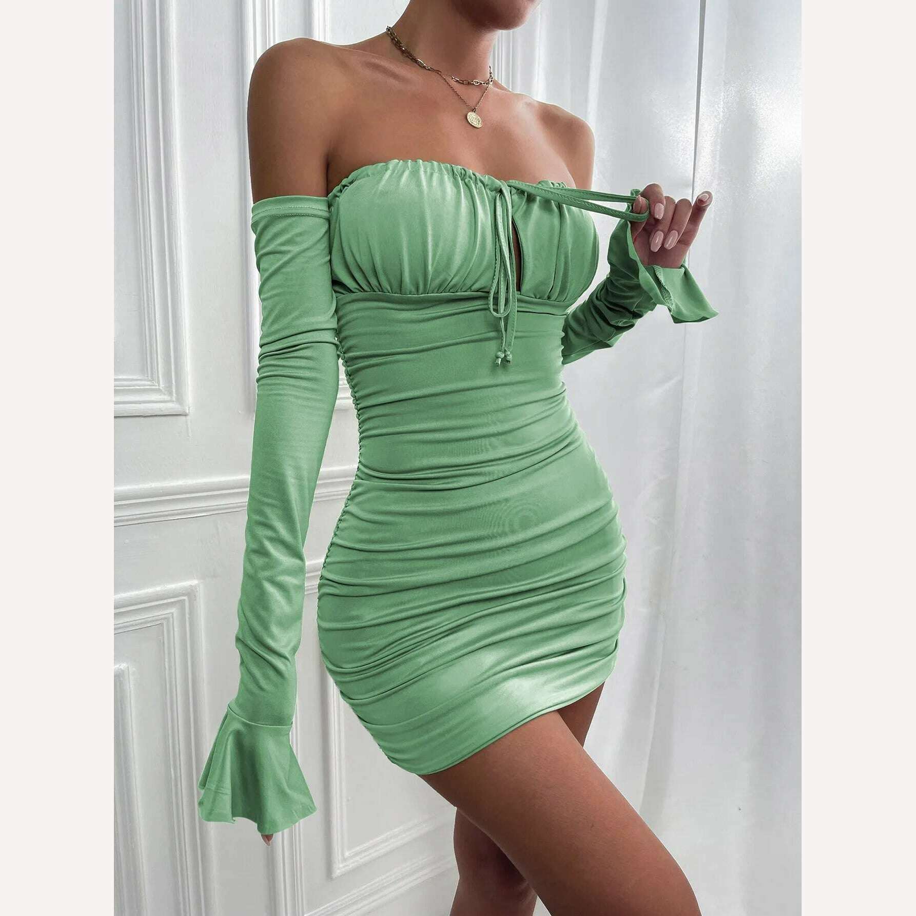 KIMLUD, Fairyshely Sexy Ruffle Short Club Dress Ladies 2022 Autumn Green Bodycon Dresses For Women Party Tight Mini Dress Clubwear, KIMLUD Womens Clothes