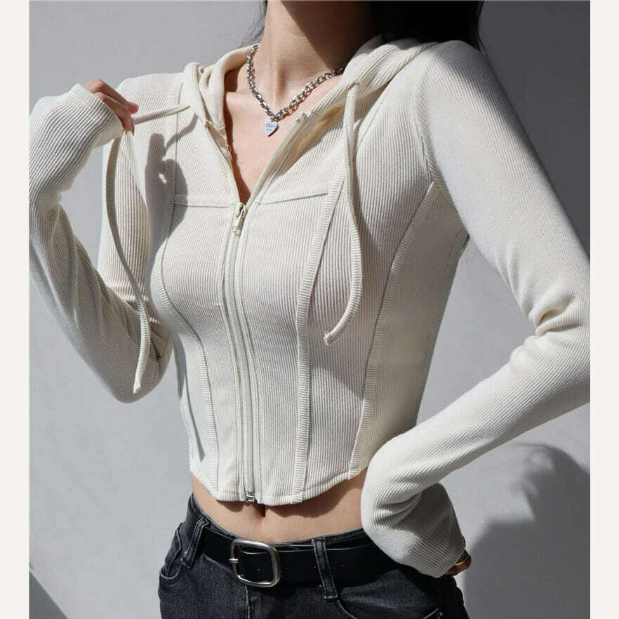 Fall fashion cropped hoodies women zip up hoodie korean fashion sweatshirts hooded cute long sleeve crop top sexy curve hem - KIMLUD