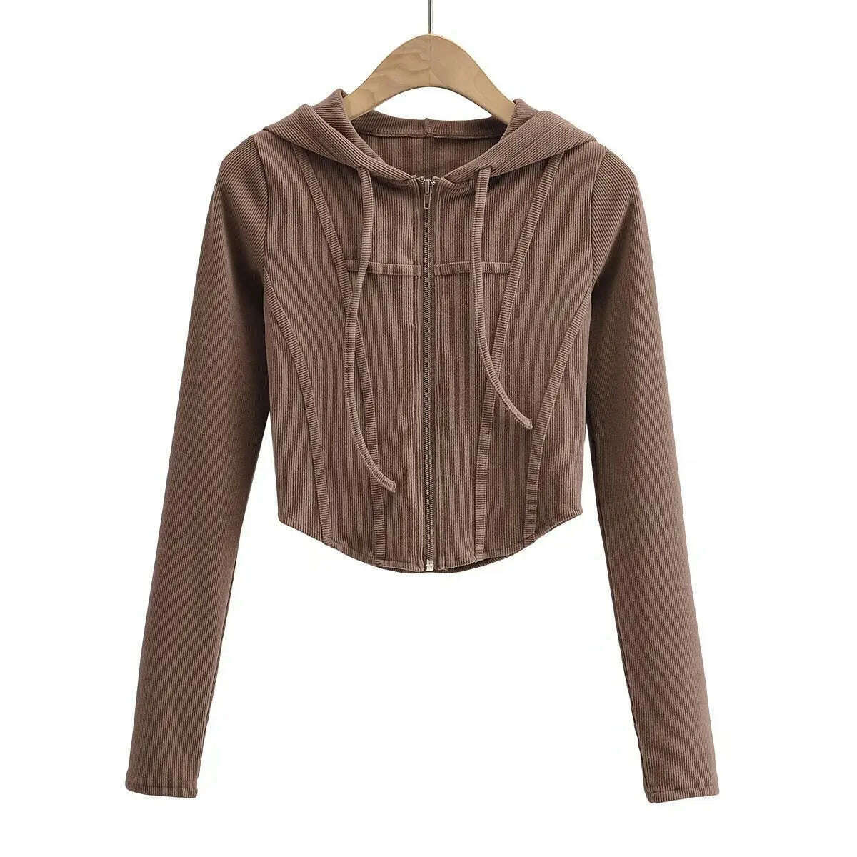 Fall fashion cropped hoodies women zip up hoodie korean fashion sweatshirts hooded cute long sleeve crop top sexy curve hem - KIMLUD