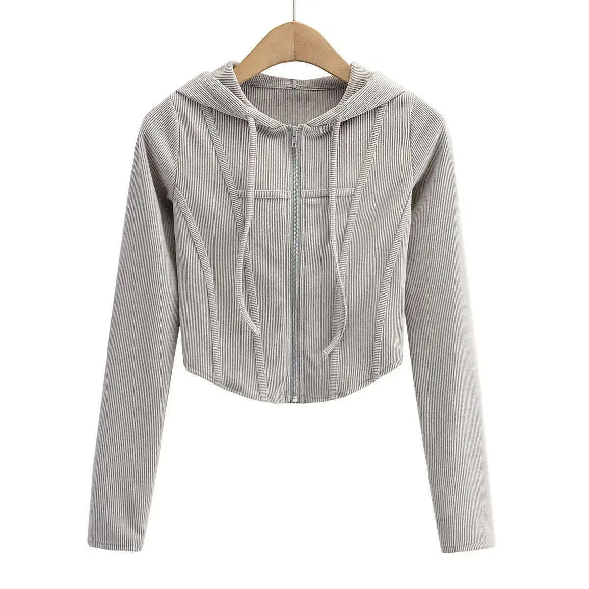 Fall fashion cropped hoodies women zip up hoodie korean fashion sweatshirts hooded cute long sleeve crop top sexy curve hem - KIMLUD